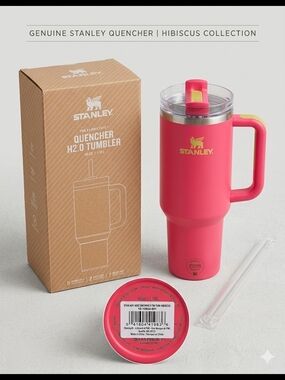 Stanley Quencher Tumbler - Bright Pink Hibiscus with Yellow Logo